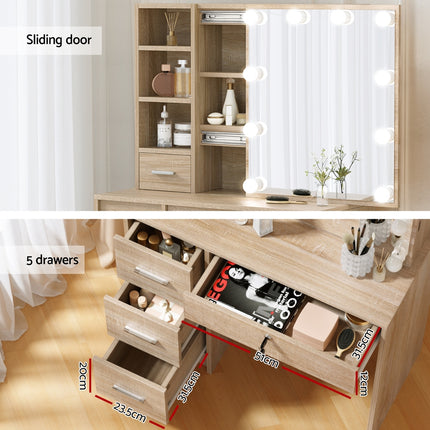 Artiss Dressing Table Set Stool 10 Led Bulbs Wood 5