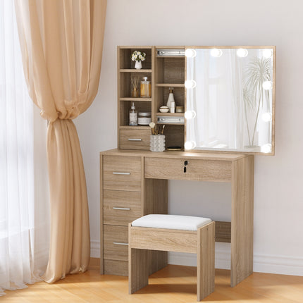 Artiss Dressing Table Set Stool 10 Led Bulbs Wood 7
