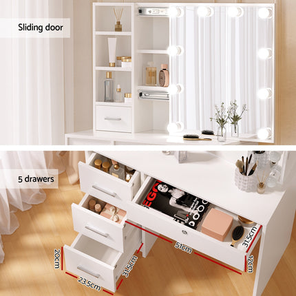 Artiss Dressing Table Set Stool 10 Led Bulbs White Dylan 7
