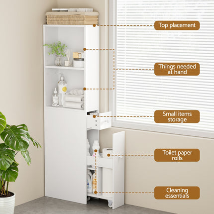 Artiss Bathroom Cabinet Storage Slim Organiser Drawer Toilet Corner 135cm White 6