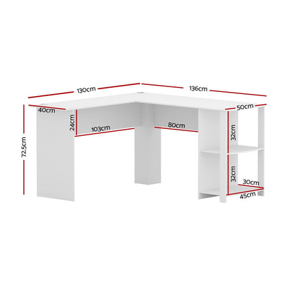 Artiss Computer Desk Shelf L-Shape White 136CM 2