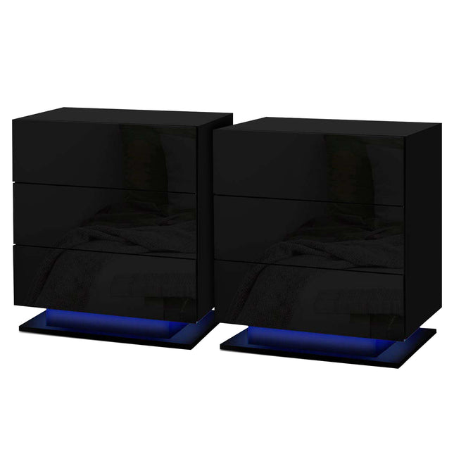 Artiss 2x Bedside Table LED 3 Drawers - MORI Black