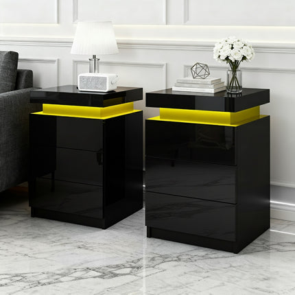 Artiss 2X Bedside Table LED 3 Drawers - COLEY Black