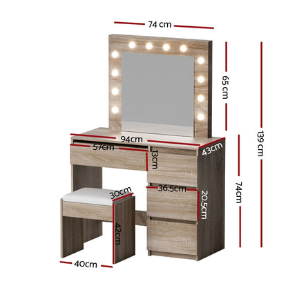 Artiss Dressing Table Set Stool 12 Led Bulbs Wood 3