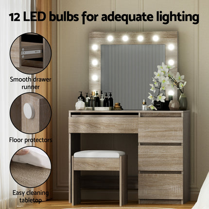 Artiss Dressing Table Set Stool 12 Led Bulbs Wood 7