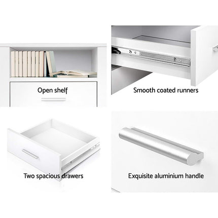 Artiss 2 X Bedside Table 2 Drawers with Shelf - TARA White