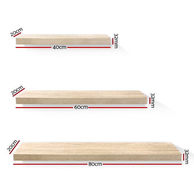 Artiss Floating Wall Shelf Set of 3 Oak 2