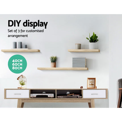 Artiss Floating Wall Shelf Set of 3 Oak 3