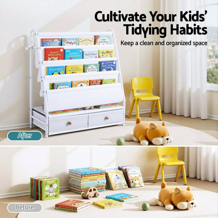 Keezi Kids Bookshelf Metal Storage Rack Toy Organiser Display Shelf Drawer White 6