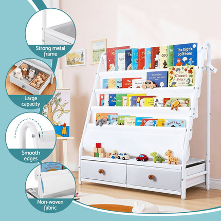 Keezi Kids Bookshelf Metal Storage Rack Toy Organiser Display Shelf Drawer White 7