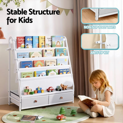 Keezi Kids Bookshelf Metal Storage Rack Toy Organiser Display Shelf Drawer White 8