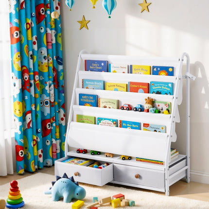 Keezi Kids Bookshelf Metal Storage Rack Toy Organiser Display Shelf Drawer White 9