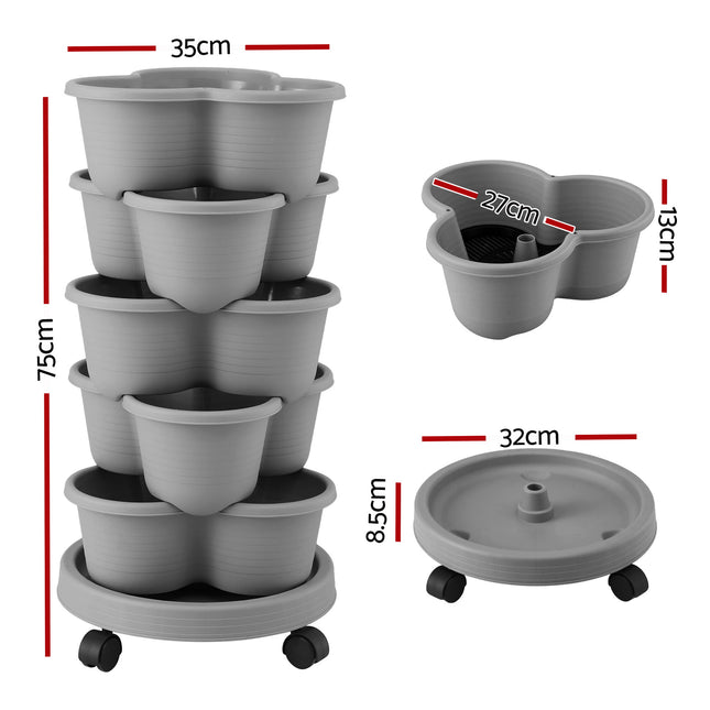 Green Fingers 5 Tier Vertical Garden Planter, Stackable Planters with 4 Wheels, Grey, Raised Garden Bed, Garden Tower Indoor Outdoor, Auto Drainage System, for Strawberries, Herbs, Flower, Vegetables 2