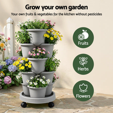 Green Fingers 5 Tier Vertical Garden Planter, Stackable Planters with 4 Wheels, Grey, Raised Garden Bed, Garden Tower Indoor Outdoor, Auto Drainage System, for Strawberries, Herbs, Flower, Vegetables 4