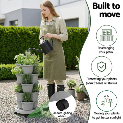 Green Fingers 5 Tier Vertical Garden Planter, Stackable Planters with 4 Wheels, Grey, Raised Garden Bed, Garden Tower Indoor Outdoor, Auto Drainage System, for Strawberries, Herbs, Flower, Vegetables 5
