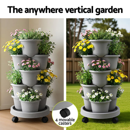 Green Fingers 5 Tier Vertical Garden Planter, Stackable Planters with 4 Wheels, Grey, Raised Garden Bed, Garden Tower Indoor Outdoor, Auto Drainage System, for Strawberries, Herbs, Flower, Vegetables 6