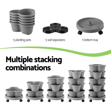 Green Fingers 5 Tier Vertical Garden Planter, Stackable Planters with 4 Wheels, Grey, Raised Garden Bed, Garden Tower Indoor Outdoor, Auto Drainage System, for Strawberries, Herbs, Flower, Vegetables 8
