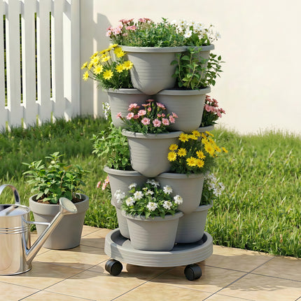 Green Fingers 5 Tier Vertical Garden Planter, Stackable Planters with 4 Wheels, Grey, Raised Garden Bed, Garden Tower Indoor Outdoor, Auto Drainage System, for Strawberries, Herbs, Flower, Vegetables 10