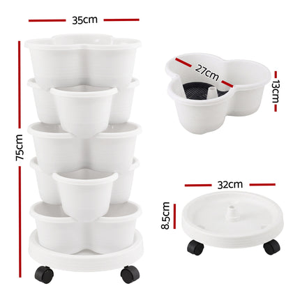 Green Fingers 5 Tier Vertical Garden Planter, Stackable Planters with Wheels, White, Garden Bed, Garden Tower Indoor Outdoor, Auto Drainage System, for Strawberries, Herbs, Flowers, Vegetables 2