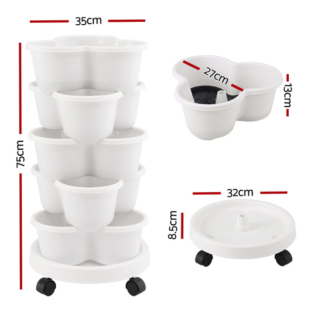 Green Fingers 5 Tier Vertical Garden Planter, Stackable Planters with Wheels, White, Garden Bed, Garden Tower Indoor Outdoor, Auto Drainage System, for Strawberries, Herbs, Flowers, Vegetables 2