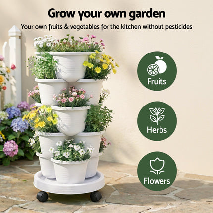 Green Fingers 5 Tier Vertical Garden Planter, Stackable Planters with Wheels, White, Garden Bed, Garden Tower Indoor Outdoor, Auto Drainage System, for Strawberries, Herbs, Flowers, Vegetables 4