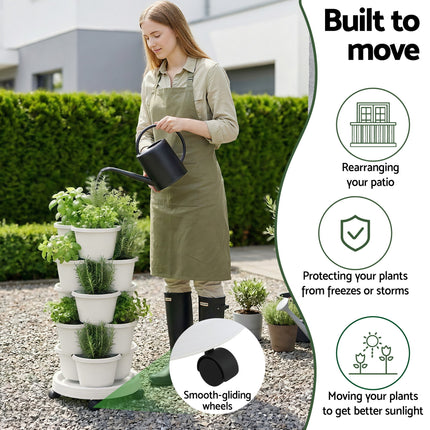 Green Fingers 5 Tier Vertical Garden Planter, Stackable Planters with Wheels, White, Garden Bed, Garden Tower Indoor Outdoor, Auto Drainage System, for Strawberries, Herbs, Flowers, Vegetables 5