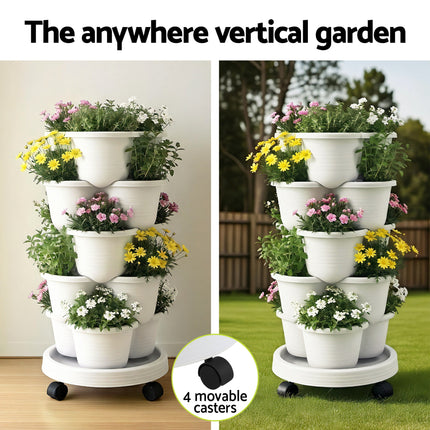 Green Fingers 5 Tier Vertical Garden Planter, Stackable Planters with Wheels, White, Garden Bed, Garden Tower Indoor Outdoor, Auto Drainage System, for Strawberries, Herbs, Flowers, Vegetables 6