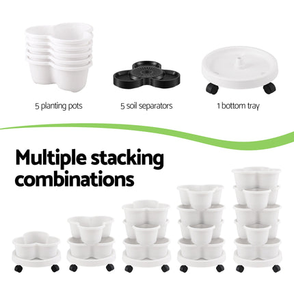 Green Fingers 5 Tier Vertical Garden Planter, Stackable Planters with Wheels, White, Garden Bed, Garden Tower Indoor Outdoor, Auto Drainage System, for Strawberries, Herbs, Flowers, Vegetables 8