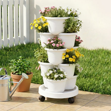 Green Fingers 5 Tier Vertical Garden Planter, Stackable Planters with Wheels, White, Garden Bed, Garden Tower Indoor Outdoor, Auto Drainage System, for Strawberries, Herbs, Flowers, Vegetables 10