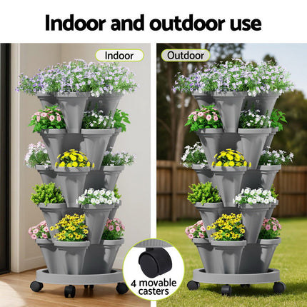 Green Fingers Raised Garden Bed 5 Tier Vertical Garden Grey Strawberry Stackable Planters Herbs Petunias 6