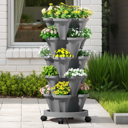 Green Fingers Raised Garden Bed 5 Tier Vertical Garden Grey Strawberry Stackable Planters Herbs Petunias 7