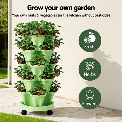 Green Fingers Garden Bed 5 Tier Vertical Garden Grey Strawberry Stackable Planters Herbs Light Green 4