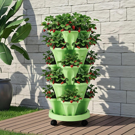 Green Fingers Garden Bed 5 Tier Vertical Garden Grey Strawberry Stackable Planters Herbs Light Green 9