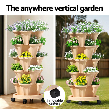 Green Fingers Garden Bed 5 Tier Vertical Garden Grey Strawberry Stackable Planters Herbs Beige 5