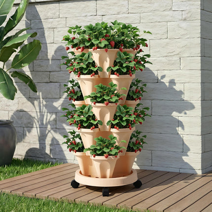 Green Fingers Garden Bed 5 Tier Vertical Garden Grey Strawberry Stackable Planters Herbs Beige 9