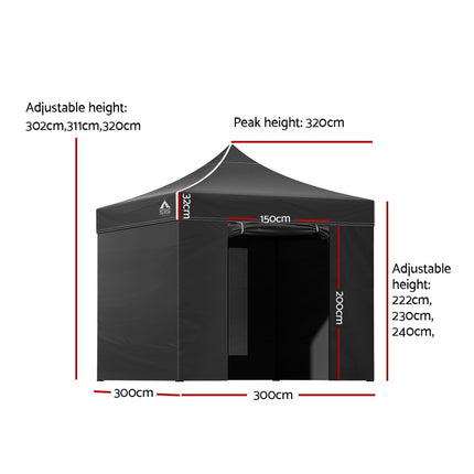 Instahut Gazebo Pop Up Marquee 3x3m Folding Tent Wedding Gazebos 500D Black 2