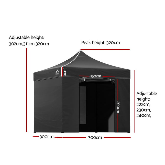 Instahut Gazebo Pop Up Marquee 3x3m Folding Tent Wedding Gazebos 500D Black 2