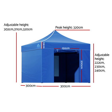 Instahut Gazebo Pop Up Marquee 3x3 Folding Tent Wedding Gazebos 500D Oxford Blue 2