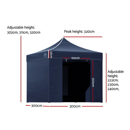 Instahut Gazebo Pop Up Marquee 3x3 Folding Tent Gazebos Camping 500D Oxford Navy 2