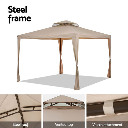 Instahut Gazebo Marquee 3m Outdoor Event Tent Camping Party Mesh Wall Canopy Brown 6