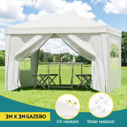 Instahut Gazebo 3x3 Pop Up Marquee Folding Tent Wedding Gazebos Camping Outdoor Canopy White 4