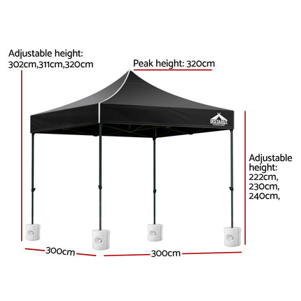 Instahut Gazebo Pop Up Marquee 3x3 Folding 500D Wedding Tent Base Pod Black 3
