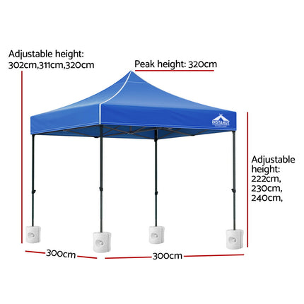 Instahut Gazebo Pop Up 3x3m w/Base Podx4 Marquee Folding Outdoor Wedding Camping Tent Shade Canopy Blue 3