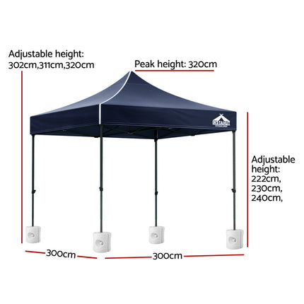 Instahut Gazebo Pop Up 3x3m w/Base Podx4 Marquee Folding Outdoor Wedding Camping Tent Shade Canopy Navy 3