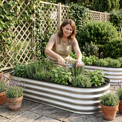 Green Fingers Raised Garden Bed Galvanised Oval Metal Planter Box Large Outdoor 150x70x30cm Silver 5