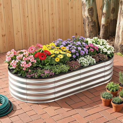 Green Fingers Raised Garden Bed Galvanised Oval Metal Planter Box Large Outdoor 150x70x30cm Silver 10