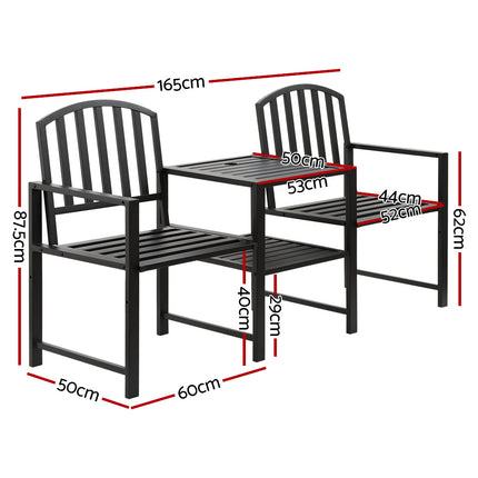 Gardeon Outdoor Garden Bench Seat Loveseat Steel Table Chairs Patio Furniture Black 2