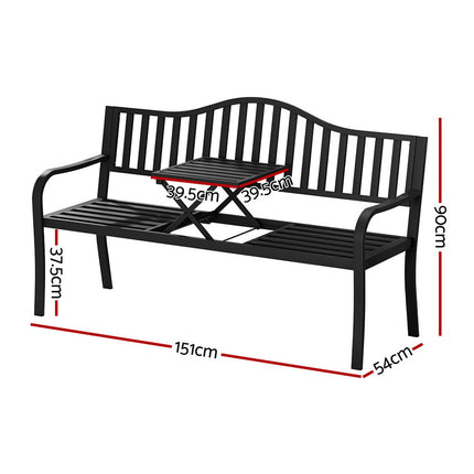 Gardeon Outdoor Garden Bench Seat Loveseat Steel Foldable Table Patio Furniture Black 2