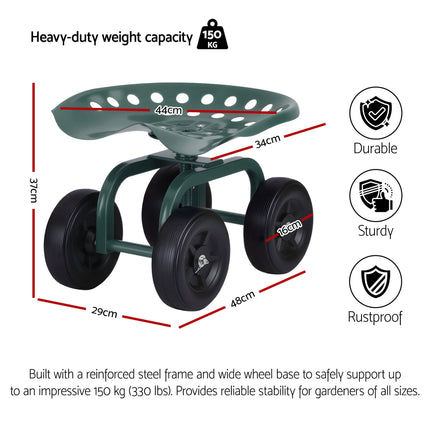 Gardeon Garden Seat 360 Swivel Rolling Adjustable Height Work Scooter Cart Wheels Heavy Duty 150kg 2