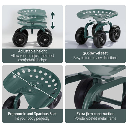 Gardeon Garden Seat 360 Swivel Rolling Adjustable Height Work Scooter Cart Wheels Heavy Duty 150kg 5